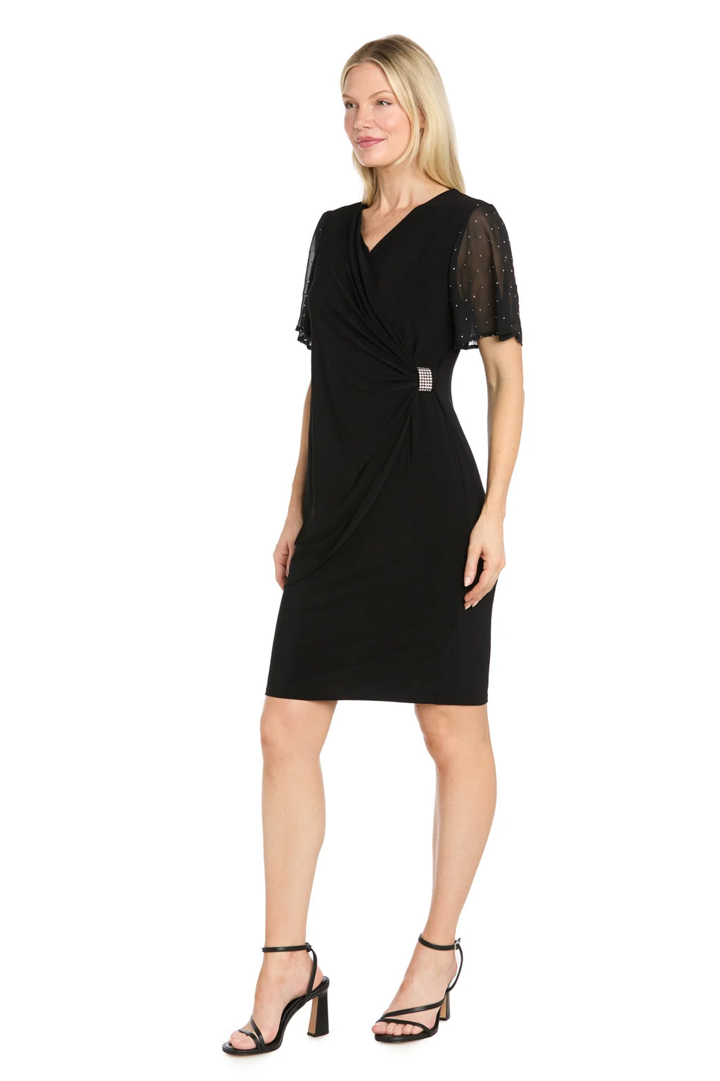 R & M Richards - Studded Sheer Sleeve ITY Wrap Dress, Black, 16W