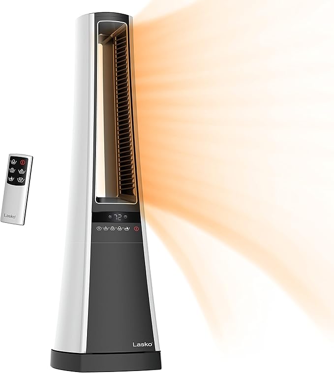 Lasko Oscillating Bladeless Ceramic Tower Space Heater for Home with Enhanced Safety, Adjustable Thermostat, Filter, Timer and Remote Control, 27 Inches, Silver, 1500W, AW300 (NEW)