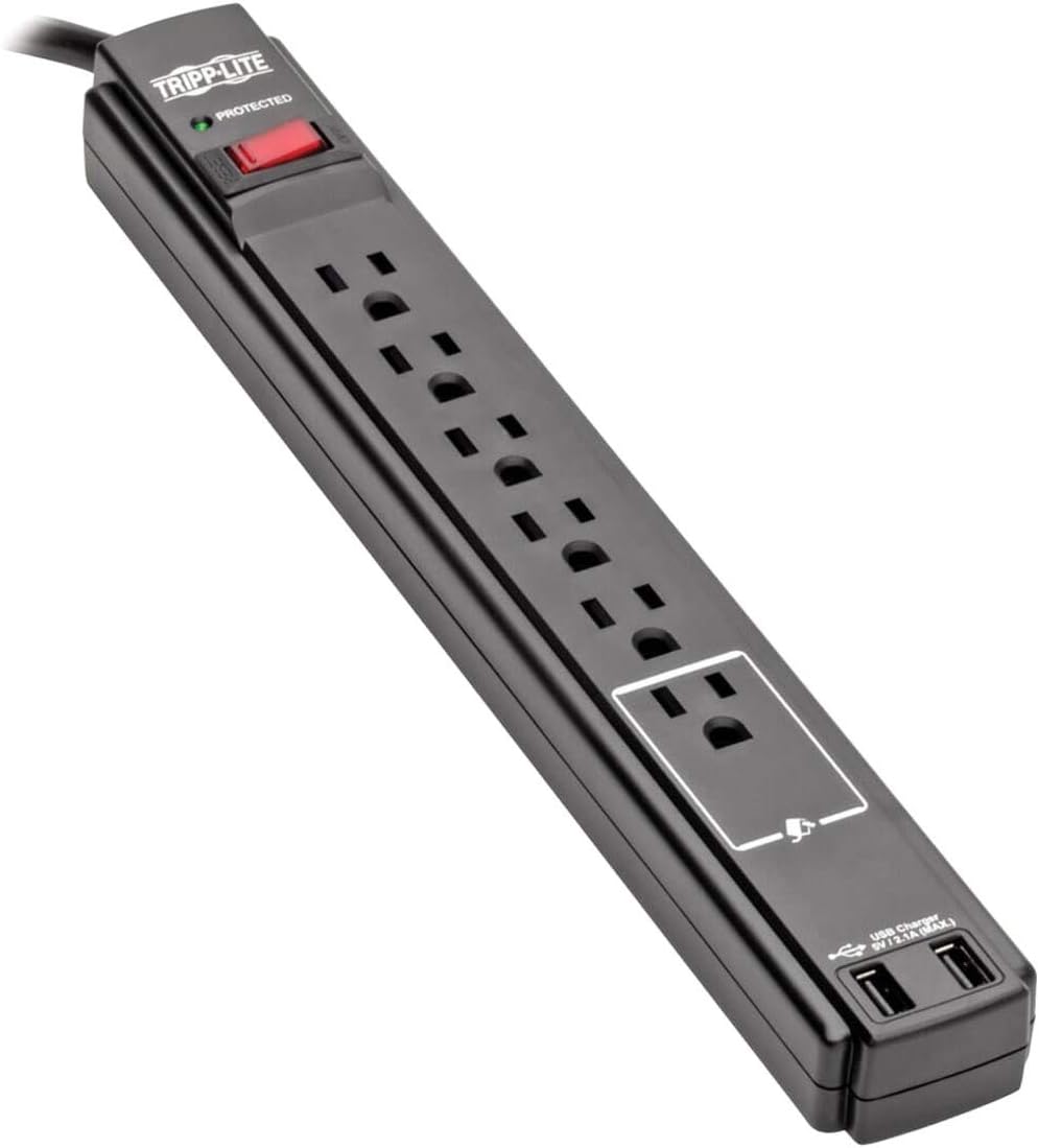 Tripp Lite 6 Outlet Surge Protector Power Strip 6ft Cord 990 Joules Dual USB Charging & INSURANCE (TLP606USBB)