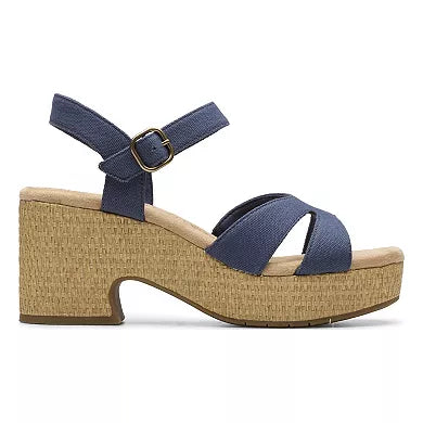CLARKS Women's Nerisa Twist Wedge Sandal in Navy Canvas - 9W