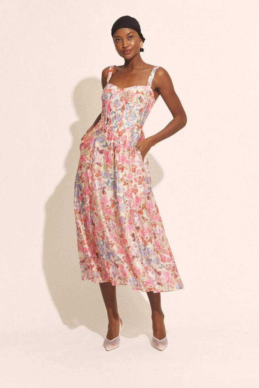 BARDOT Lilah Corset Midi Dress in Pink Flora, Size 8 US