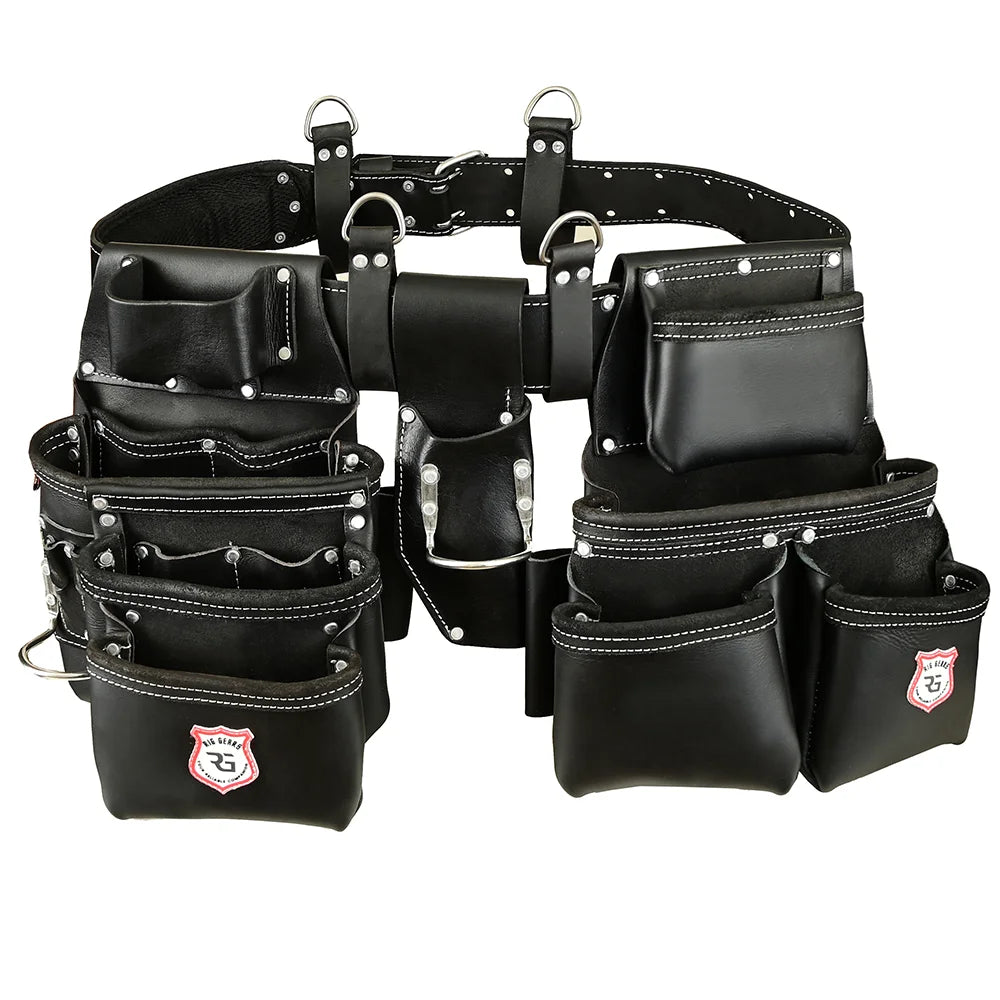 RigGears Black 22-Pocket Heavy-Duty Leather Tool Pouch with 2 Steel Belts, Padded Belt & 4 Utility Hooks for Carpenters, Electricians & Construction Professionals Black