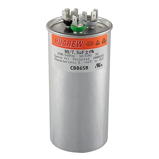 HUAREW 80+7.5 uF ±6% 80/7.5 MFD 370/440 VAC CBB65 Dual Run Start Round Capacitor for Condenser Straight Cool or Heat Pump Air Conditioner or AC Motor and Fan Starting