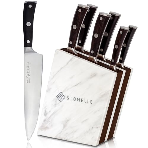 Stonelle 7 Piece Kitchen Knife Block Set with 6 Razor Sharp Professional Chef’s Knives, Elegant Greek Marble and Acacia Block - Premium German Stainless Steel with African Black Wood Ergonomic Handles (NEW)