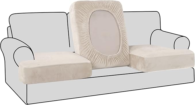 H.VERSAILTEX Stretch Velvet 3 Piece T Cushion Sofa Slipcovers Individually Covers for 3 Cushion Couch Seat Cushion Covers for Sofa Seat Cushion Covers Stay in Place(Sofa, Ivory)