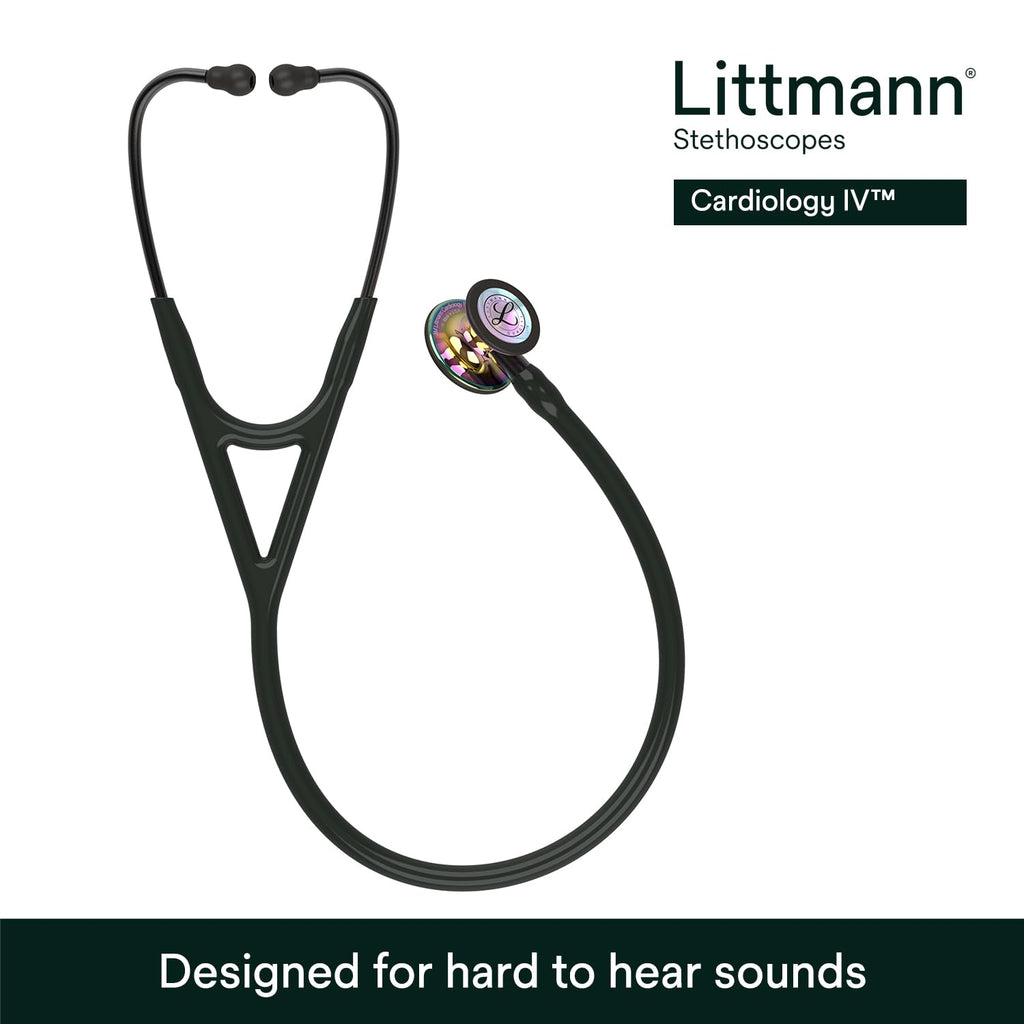 3M Littmann Cardiology IV Diagnostic Stethoscope, 6240, More Than 2X as Loud, Weighs Less, Stainless Steel High Polish Rainbow-Finish Chestpiece, 27" Black Tube, Smoke Stem, and Headset