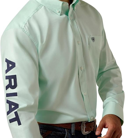 ARIAT Men's Team Logo Lightweight Twill Classic Fit Shirt in Dusty Aqua/Navy - LG