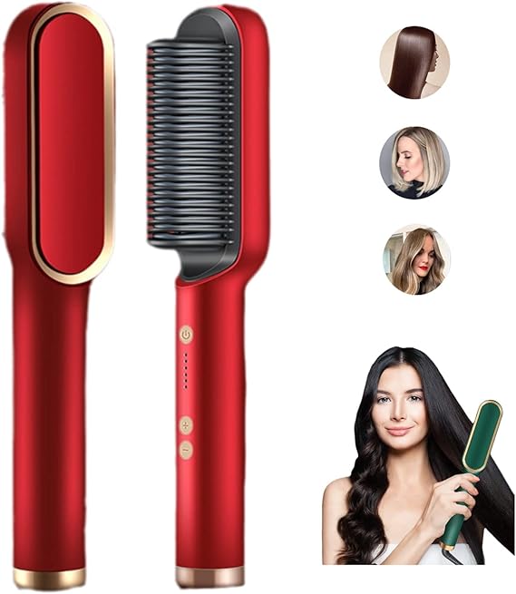 (RED) Negative Ion Hair Straightener Styling Comb, 5 Temp Settings 2 in 1 Hair Straightener Brush and Curler, Portable Electric Straightening Comb 10s Fast Heating & Anti-Scald for Women Thick Hair
