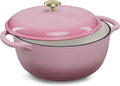 Best Choice Products 6QT Enamel Cast-Iron Round Dutch Oven, Family Style Heavy-Duty Pre-Seasoned Cookware for Home, Kitchen, Dining Room, Oven Safe w/Lid, Dual Handles - Pink Champagne