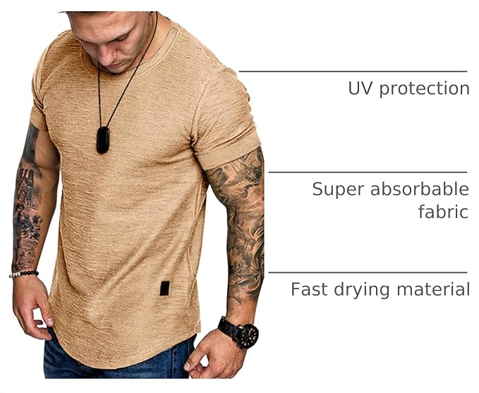 Uni Clau Men's Short Sleeve Cotton Athletic Workout T-shirt - 240/Khaki - Size XL