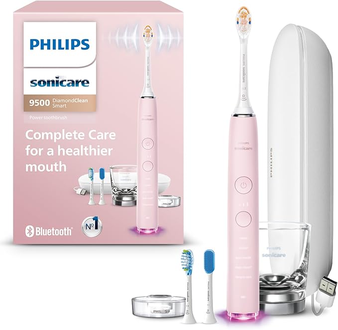 Philips Sonicare DiamondClean Smart 9500 Electric Toothbrush, Sonic Toothbrush with App, Pressure Sensor, Brush Head Detection, 5 Brushing Modes and 3 Intensity Levels, Pink, Model HX9923/21
