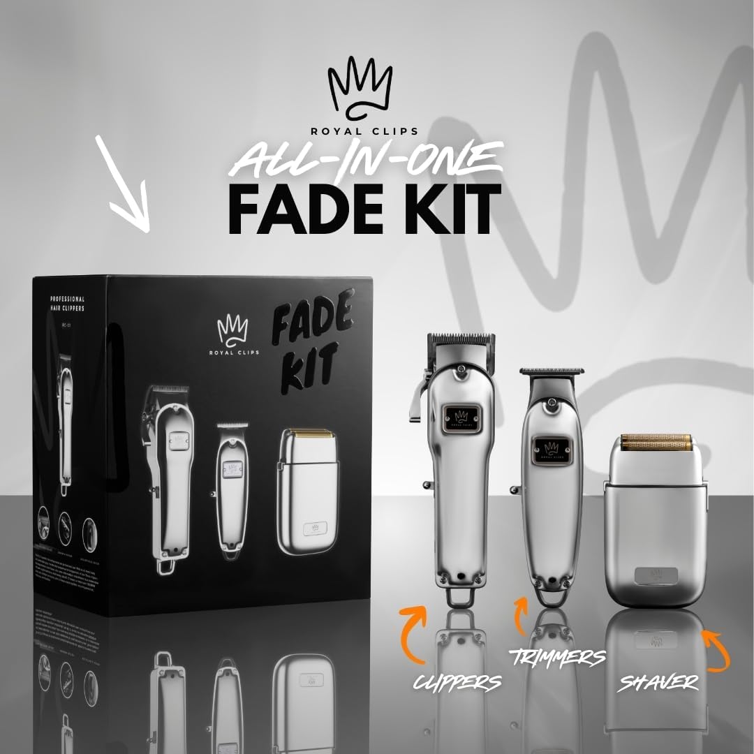 Royal Clips Hair and Beard Fade Kit 1.0 – Professional Clipper, Trimmer & Foil Shaver Bundle for Men, Complete Haircut Set for Home Use & Grooming – 5-Hour Battery, 10pcs Limit Combs