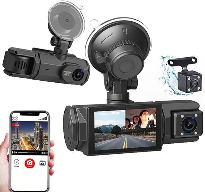 3 Channel Dash Cam Full HD 1080P Dual Camera Car DVR Camcorder Blackbox Car Dash Camera with G-Sensor and Microphone, Loop Recording, Motion Detection, Vehicle Backup Camera