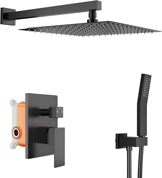 Matte Black Shower Faucet Set 12", Square Rainfall Shower Head and Handle Set, Wall Mounted Shower Fixtures with Solid Brass Shower Valve, Shower System for Bathroom
