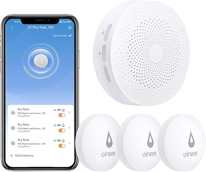 Winees WiFi Water Detector, 3 Pack Water Sensors with Leak Alert Email&SMS Notification, 100dB Adjustable Alarm, 100M Transmission for Basement, Bathroom, Laundry, IFTTT
