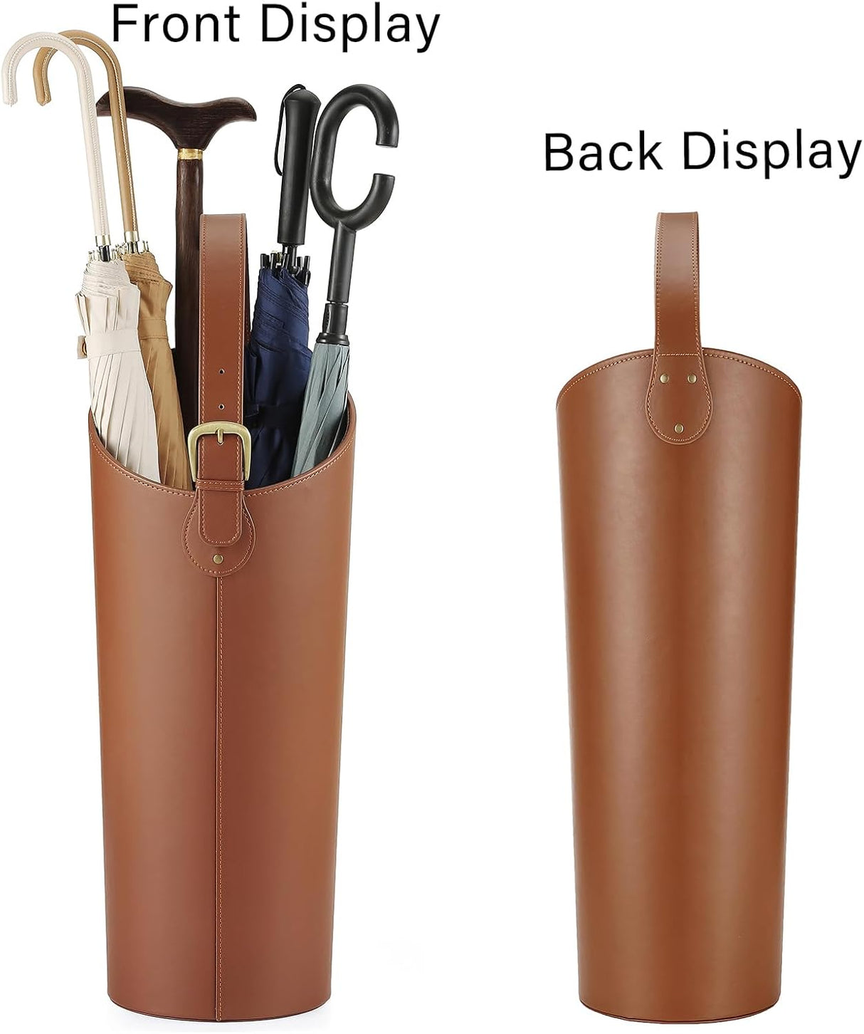 ELPMD Brown Artificial Leather Tall Umbrella Holer Entryway Indoor for Business Office,22.4 Inch Umbrella Stand Entryway with Removable Water Tray 2 Hooks