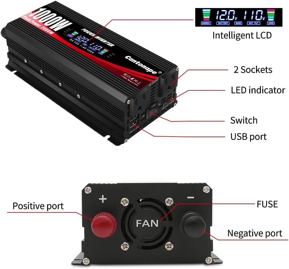 1000W/2000W(Peak) Car Power Inverter DC 12V to 110V AC Converter with LCD Display Dual AC Outlets and Dual USB Car Charger for Car Home Laptop Truck Black   NEW