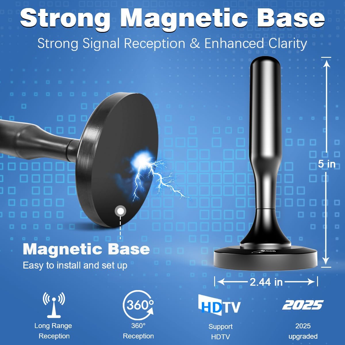 HiDB Digital HDTV Antenna 360° Reception Strong Magnetic Base