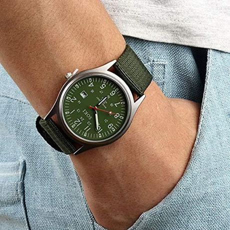 JewelryWe Men's Military Green Dial Nylon Strap Quartz Calendar Wristwatch Night Vision Luminous Wristwatch, (OPEN BOX)