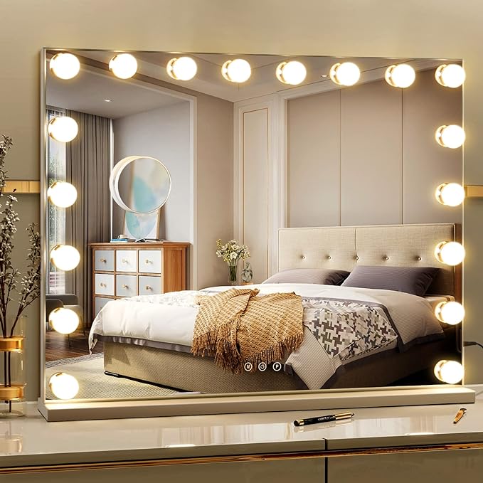 Vanity Mirror with Lights: 28" x 22" Hollywood Mirror with 18 Dimmable Bulbs, Makeup Vanity Mirror for Bedroom - 3 Color Modes and Touch Control (NEW)