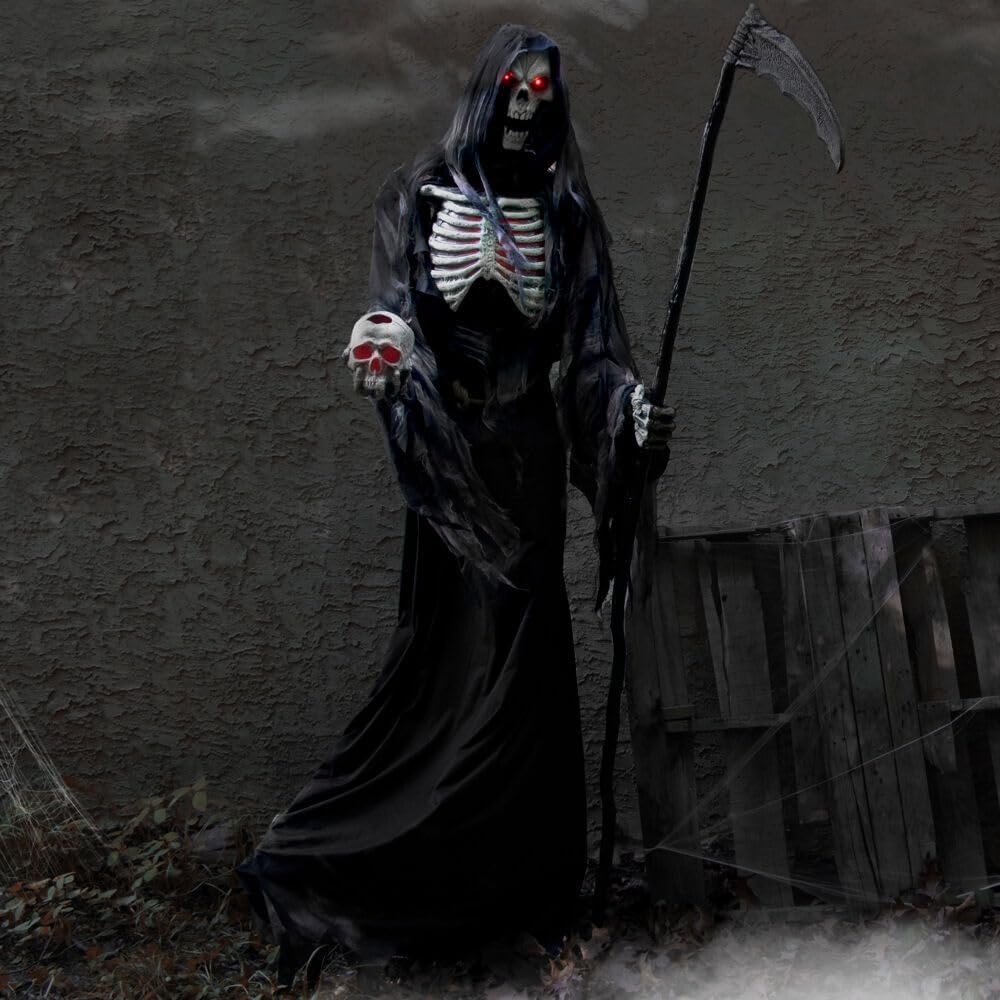 Haunted Hill Farm 7-Ft. Tall Rotting Reaper, Motion-Activated and Talking Animatronic for Indoor or Covered Outdoor Creepy Halloween Decorations, Plug-in Spooky Halloween Props