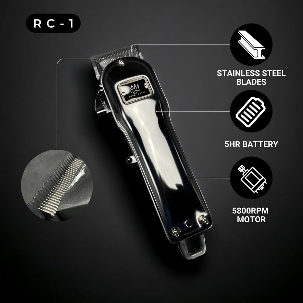Royal Clips Hair and Beard Fade Kit 1.0 – Professional Clipper, Trimmer & Foil Shaver Bundle for Men, Complete Haircut Set for Home Use & Grooming – 5-Hour Battery, 10pcs Limit Combs