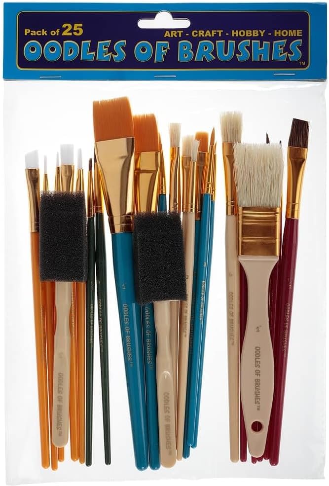 Oodles of Brushes Economical Art Brush Set of 25 - Balanced Assortment of Economical Brushes for Art, Craft, Hobby and Home