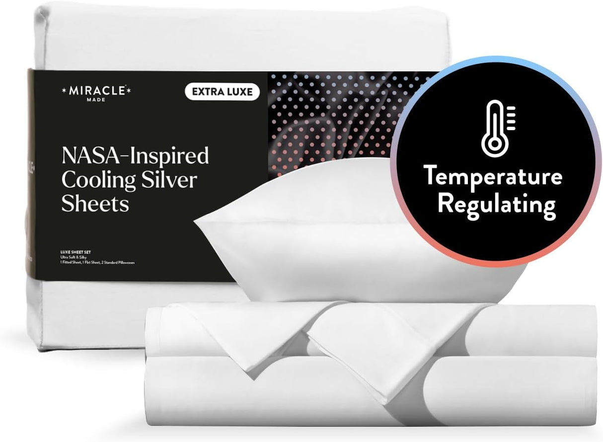 Miracle Made Extra Luxe Soft Cooling Bed Sheet Set, 4-Piece Silver-Infused Cotton Fabric – Lightweight, Hypoallergenic Bedding for Hot Sleepers, Queen Size, White
