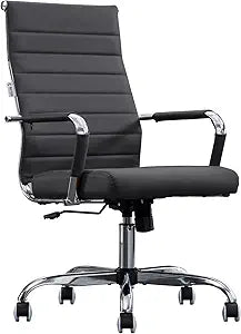 Home Office Chair Ribbed, Modern Leather Conference Room Chairs, Ergonomic Office Desk Chair, High Back Executive Computer Chair, Adjustable Swivel Chair with Arms (Black)