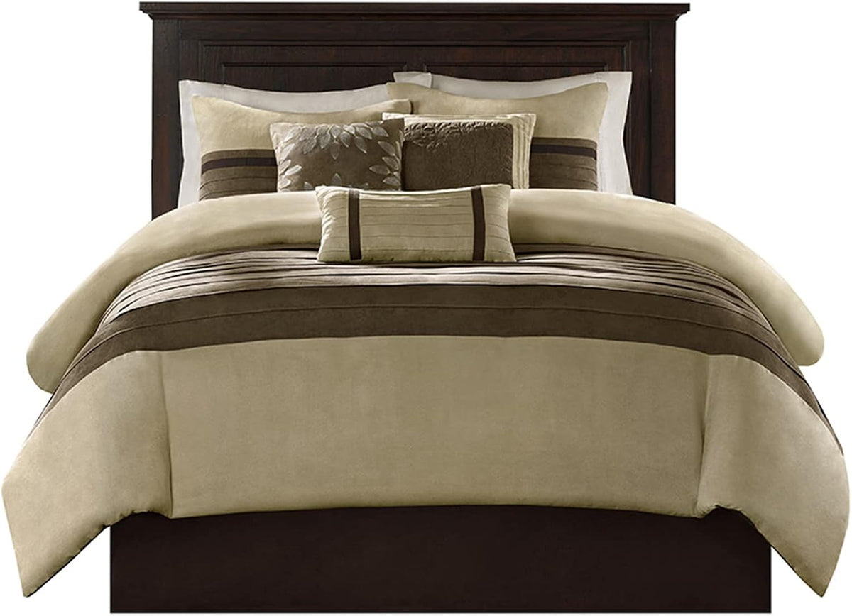 Madison Park Faux Suede Queen Comforter Set with Bed Skirt, Natural, 7pc