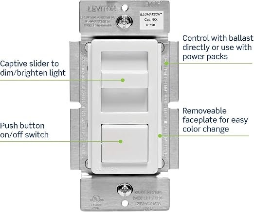 Leviton IllumaTech Dimmer Switch for 0-10V LED - IP710-D0Z -White/Ivory and Light Almond Faceplates