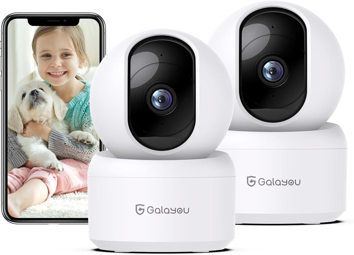 GALAYOU Indoor Security Camera 2K, Pet Camera, 360 Degree WiFi Home Security Camera for Baby/Elder/Nanny with Night Vision, Siren, 24/7 SD Card Storage, Works with Alexa and Google Assistant G2-2Pack(New Open Box)