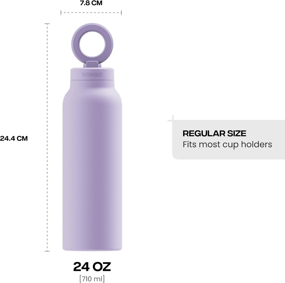 RINGO PRO Insulated Water Bottle, Magnetic Phone Tripod Mount - Lilac - 24 oz