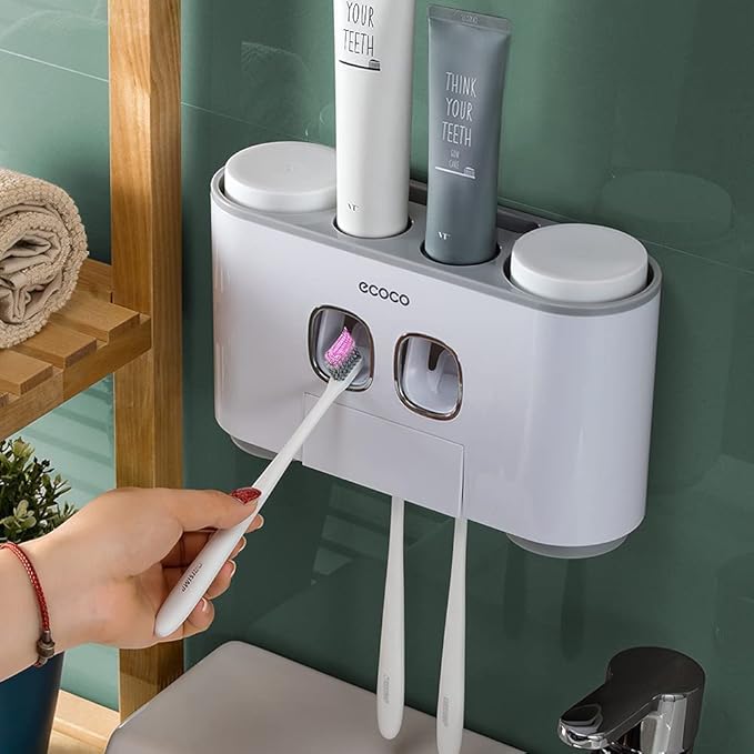 Toothbrush Holders with Toothpaste Dispenser Wall Mounted for Bathroom-4 Cups Automatic Electric Tooth Pastetooth Squeezer-Bathroom Organizer Storage Accessories Set for Kids with 5 Toothbrush Slots