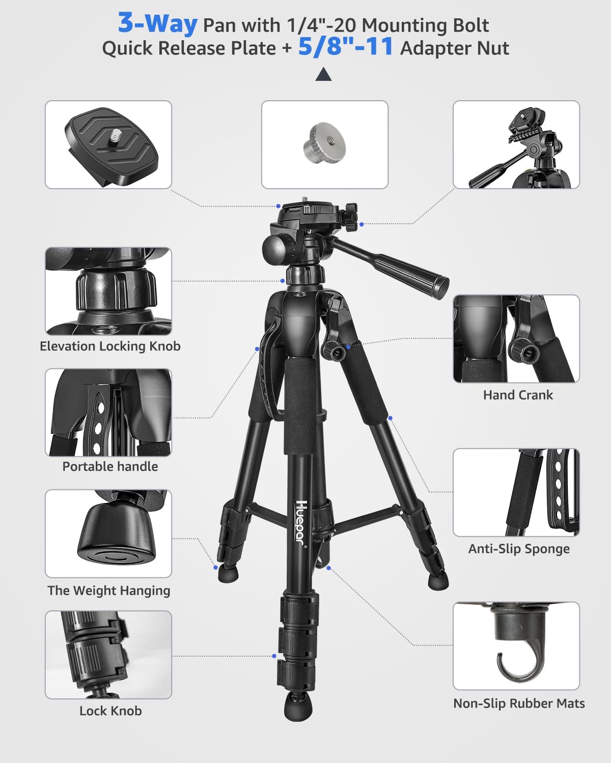*Laser Level Tripod, Huepar 56” Extendable Height Tripod for Line Lasers, Point Lasers, Laser Distance Measures, 1/4" and 5/8" Thread Mount, Multi-Function Hook, Non-Skid Feet, TPD14