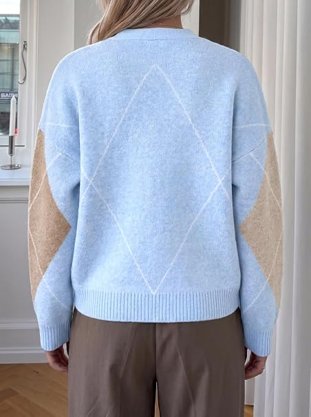 CicyBell Women's Blue Plaid Color-Block Cardigan, Size L