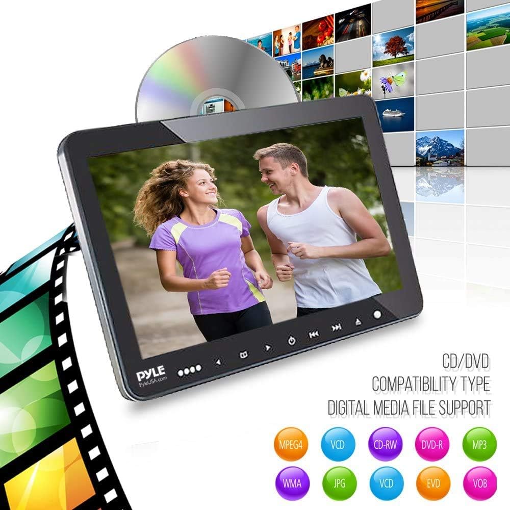 Pyle Universal Car Dual Headrest Monitor - 9.4 Inch Vehicle Multimedia CD DVD Player with Wireless Headphones