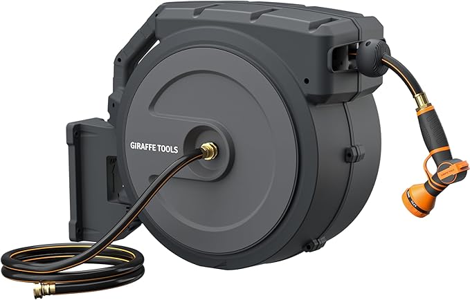 Giraffe Tools AW40 Retractable Hose Reel 5/8" x 90 ft Wall Mounted Garden Hose Reel Heavy Duty, Automatic Rewind, 180 Deg Swivel, Any Length Lock, 9 Pattern Nozzle, 90 ft, Dark Grey(New Open Box)