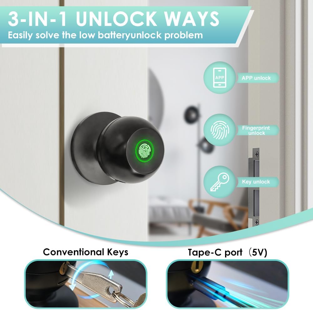 Smart Fingerprint Door Lock for Bedroom, Keyless Entry Door Knob with Handle, Biometric Front Door Lock with App & Backup Keys (Black)