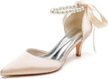 JOEupin Women's Bridal Champagne Satin Pointed Toe Kitten Heels - 8.5
