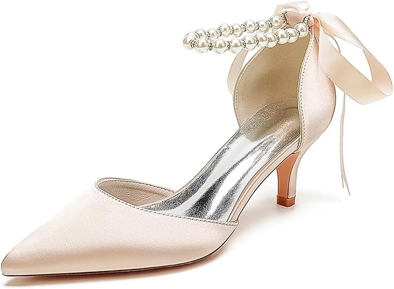 JOEupin Women's Bridal Champagne Satin Pointed Toe Kitten Heels - 8.5
