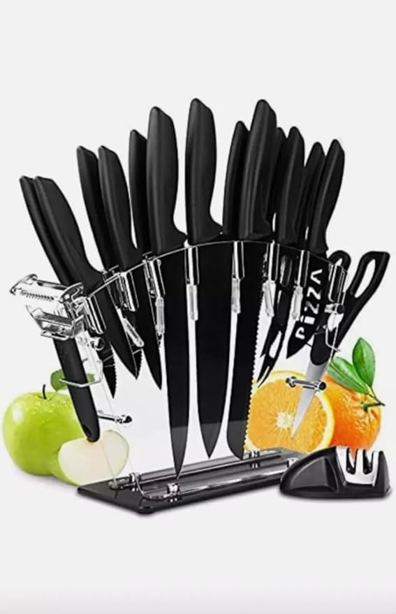 Fabas Tools 17-Piece Kitchen Knife Set - Stainless Steel Precision Crafted Knives w/Acrylic Block Stand - Includes 6 Steak Knives, 7 Multi-Use Knives, Sharpener, Scissors, & Vegetable Peeler (Black)