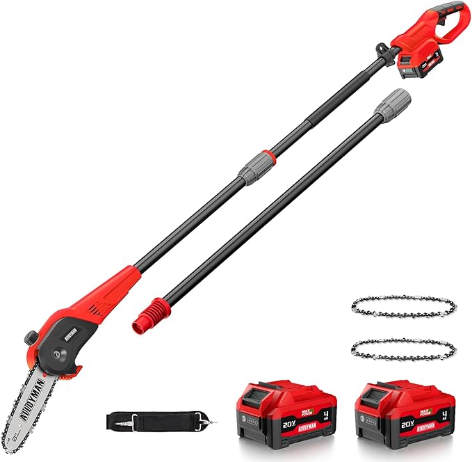 Alloyman 20V Cordless Pole Saw 8-inch, 15 Ft MAX Reach Electric Pole Saw for Tree Trimming, Tree Trimmer for Pruning Branches，with 2 * 4.0Ah Batteries & Charger, 2*Chains