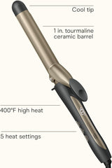 INFINITI PRO CONAIR Tourmaline Ceramic 1-Inch Curling Iron, Clamp Curling Iron, 1-Inch Barrel Champagne/Gray