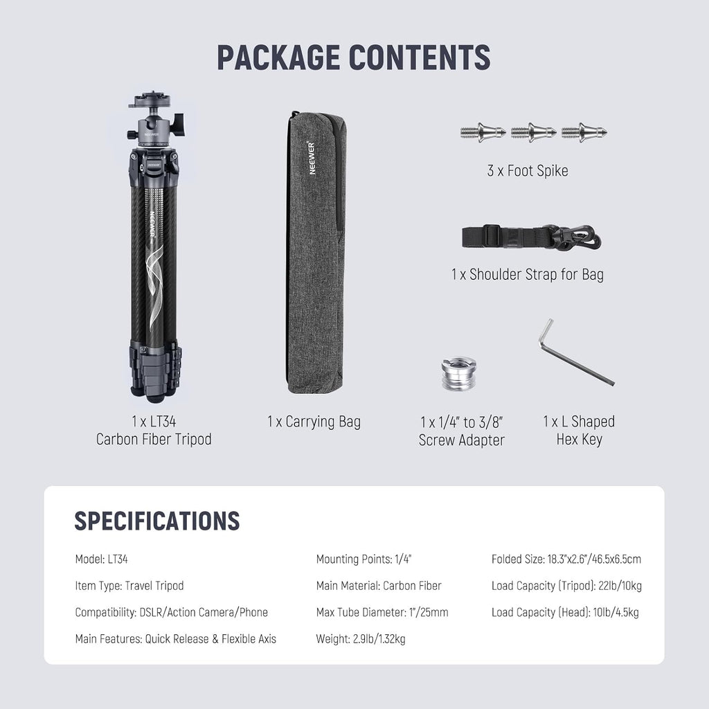 NEEWER LITETRIP LT34 62" Travel Tripod Carbon Fiber with Removable 360° Panorama Head, Center Axis, Fast Flip Buckle, Arca QR Plate Compatible with PD, Max Load 22lb/10kg