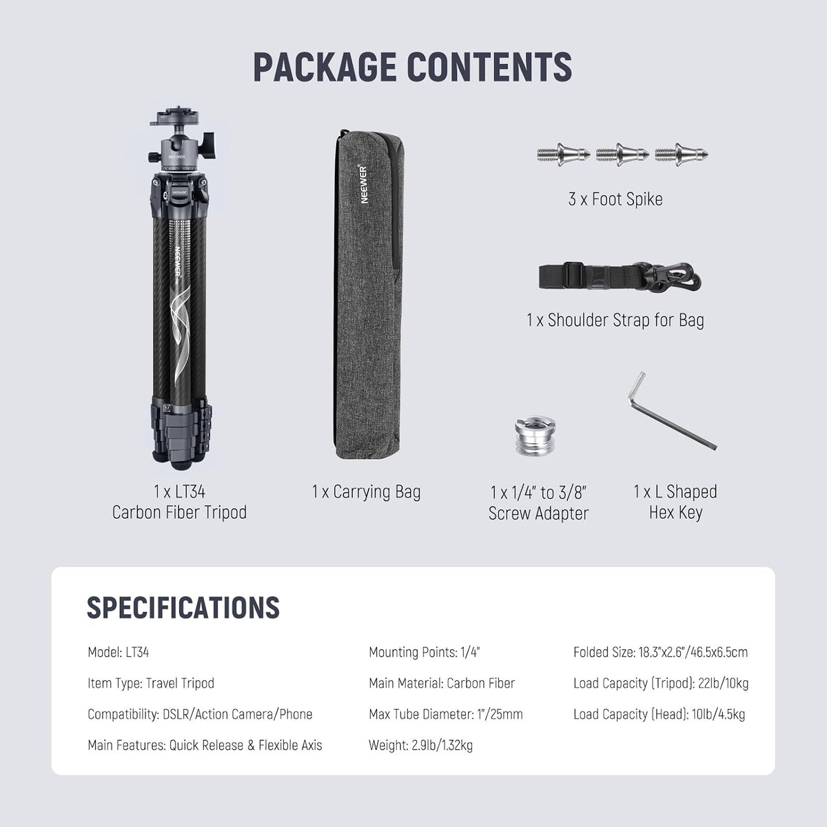 NEEWER LITETRIP LT34 62" Travel Tripod Carbon Fiber with Removable 360° Panorama Head, Center Axis, Fast Flip Buckle, Arca QR Plate Compatible with PD, Max Load 22lb/10kg