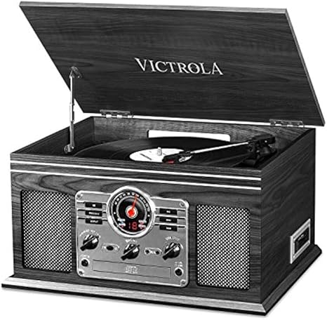 Victrola Nostalgic 6-in-1 Bluetooth Record Player & Multimedia Center with Built-in Speakers - 3-Speed Turntable, CD & Cassette Player, AM/FM Radio | Wireless Music Streaming | Farmhouse Shiplap Grey(New Open Box)