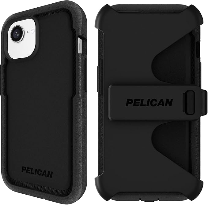 Pelican Voyager iPhone 16e (2025) / 15/14 / 13 Phone Case [Compatible with MagSafe] with 18ft Military-Grade Drop Protection - Heavy Duty Cover with Belt Clip Holster for iPhone 16e (2025) - Black