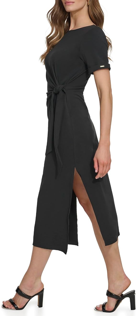 DKNY Women's Front Tie Boat Neck Short Sleeve Dress, Black - Small