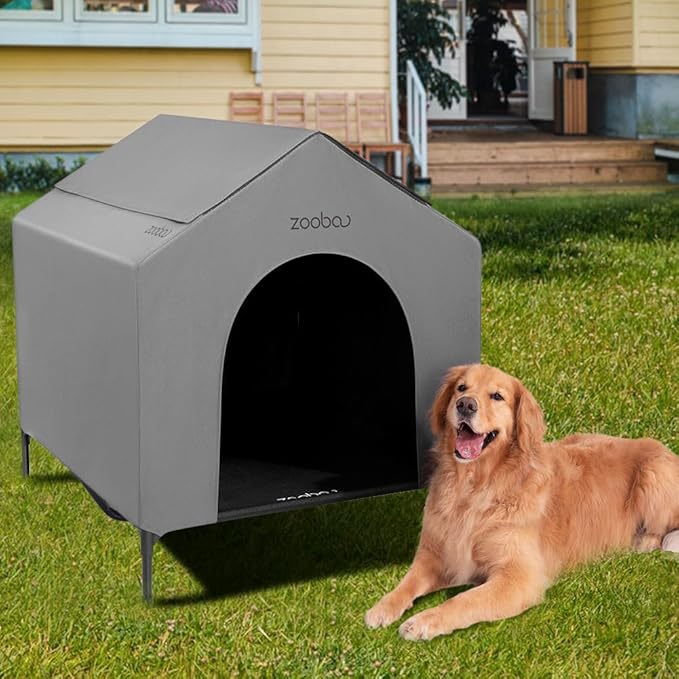 42” Outdoor Dog House for Large Breeds, Durable Large Dog Shelter with Weatherproof 600D PVC Canopy, Breathable 2x1 Textilene Fabric Elevated Dog Bed, XL Dog Kennel for Outside Use